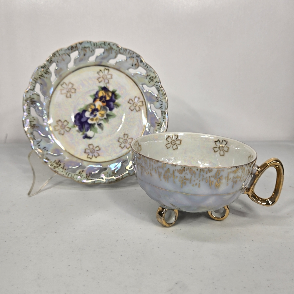 Vntg Lusterware‎ Footed Cup Pierced Saucer Gold trim B. P. Import Japan ART DECO